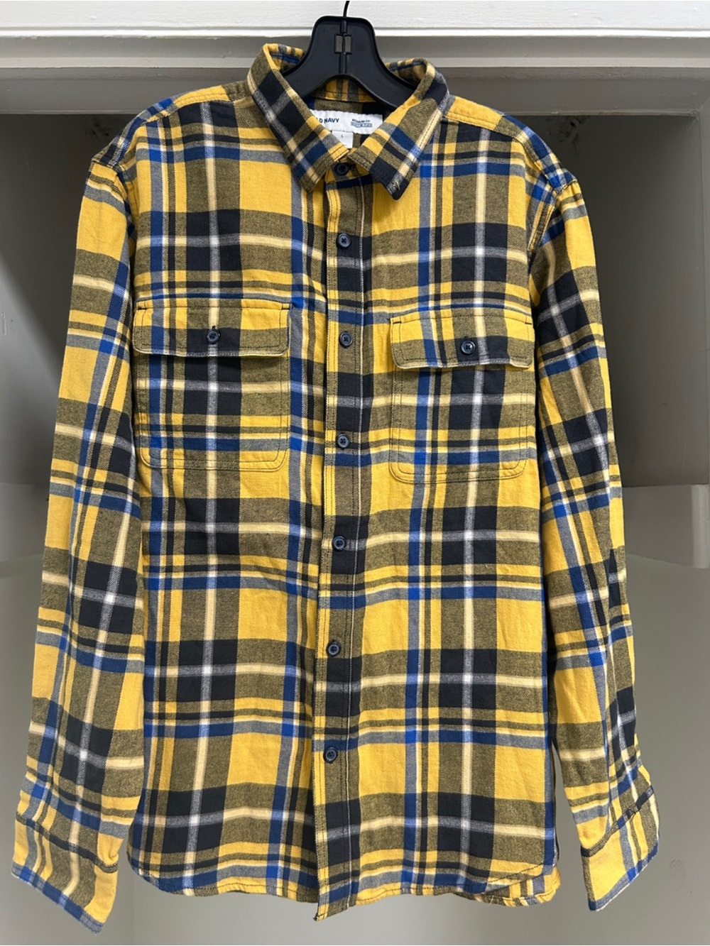 OLD NAVY YELLOW PATTERNED FLANNEL SHIRT REGULAR FIT BUILT IN FLEX MEN'S SIZE LAR